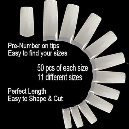 VIVACE Natural Half Moon 550 Acrylic False Gel Nail Tips - 11 Sizes with Clear Plastic Case for Salon & Home Use