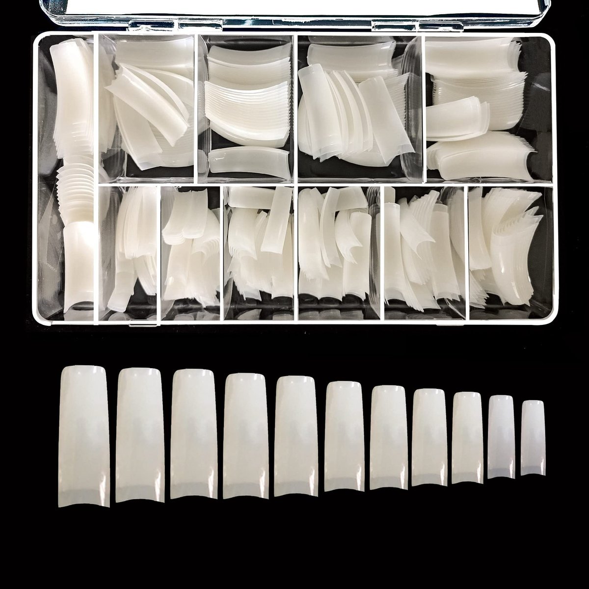 VIVACE Natural Half Moon 550 Acrylic False Gel Nail Tips - 11 Sizes with Clear Plastic Case for Salon & Home Use - görsel 1