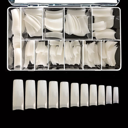 VIVACE Natural Half Moon 550 Acrylic False Gel Nail Tips - 11 Sizes with Clear Plastic Case for Salon & Home Use