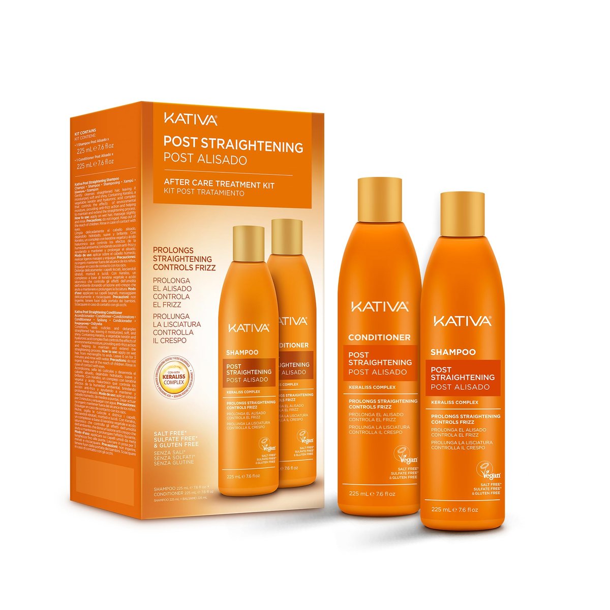 Kativa Post-Straightening Hair Care Kit – Salt-Free Shampoo & Conditioner with Vegetal Keratin & Hyaluronic Acid – Helps Prolong Straightening up to 18 Weeks – 7.6 Fl Oz Each Avelisse