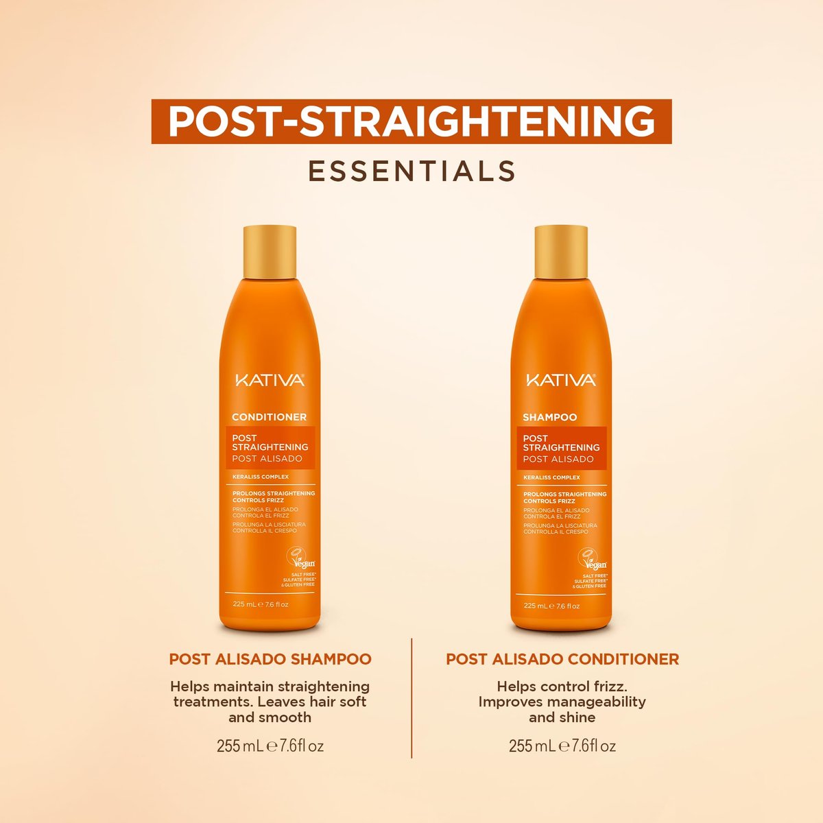 Kativa Post-Straightening Hair Care Kit – Salt-Free Shampoo & Conditioner with Vegetal Keratin & Hyaluronic Acid – Helps Prolong Straightening up to 18 Weeks – 7.6 Fl Oz Each Avelisse
