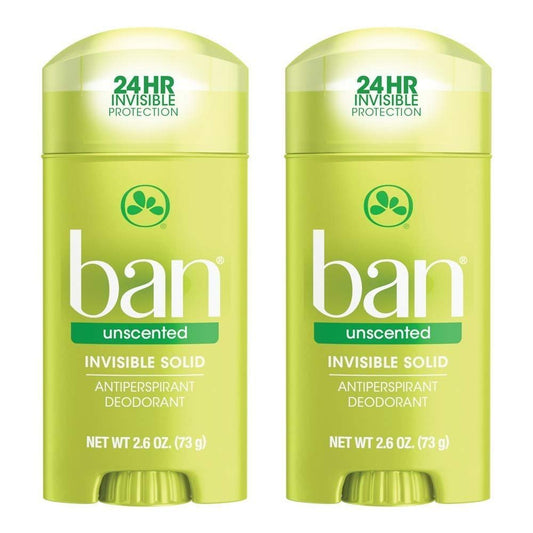 Ban Anti-Perspirant Deodorant Invisible Solid Unscented - 2.6 oz (Pack of 2) | Long-Lasting Odor & Wetness Protection