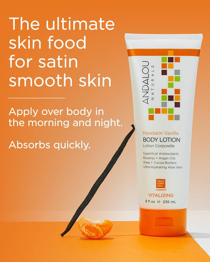 Andalou Naturals Vitalizing Body Lotion Mandarin Vanilla - Hydrating Daily Moisturizer for Dry Skin with Shea Butter, Cocoa Butter, Rose Hip Oil, Argan Oil & Aloe Vera - 8 fl oz