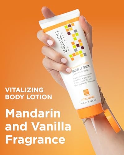 Andalou Naturals Vitalizing Body Lotion Mandarin Vanilla - Hydrating Daily Moisturizer for Dry Skin with Shea Butter, Cocoa Butter, Rose Hip Oil, Argan Oil & Aloe Vera - 8 fl oz