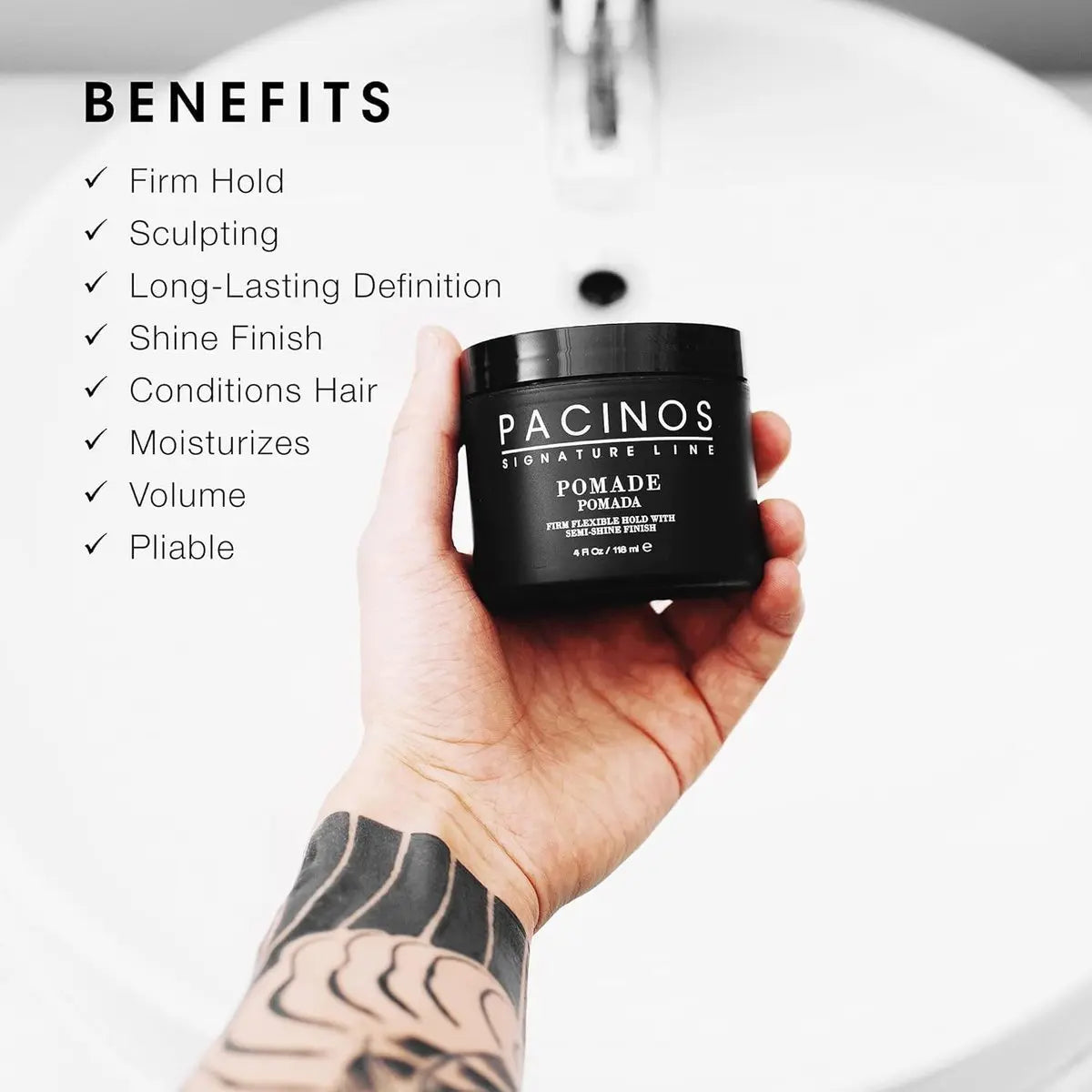 Pacinos Pomade - Flexible Hold, Frizz Control - High Shine Pomade for All Hair Types - 4oz Avelisse