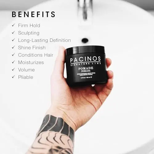 Pacinos Pomade - Flexible Hold, Frizz Control - High Shine Pomade for All Hair Types - 4oz Avelisse