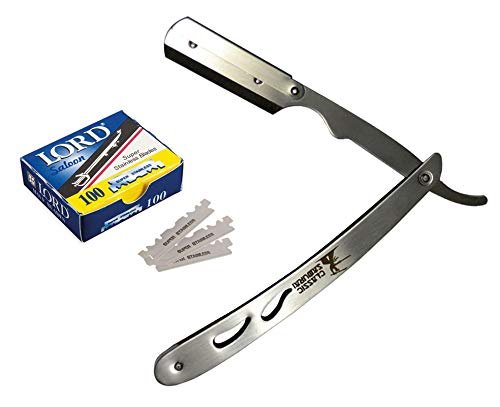 Classic Samurai CS-102 Stainless Steel Professional Barber Straight Edge Razor with 100 Lord Single Edge Razor Blades (Silver, 101 Piece Set) Avelisse