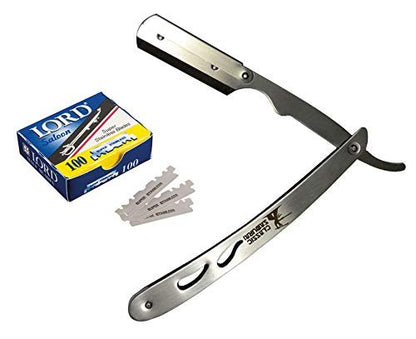 Classic Samurai CS-102 Stainless Steel Professional Barber Straight Edge Razor with 100 Lord Single Edge Razor Blades (Silver, 101 Piece Set) Avelisse