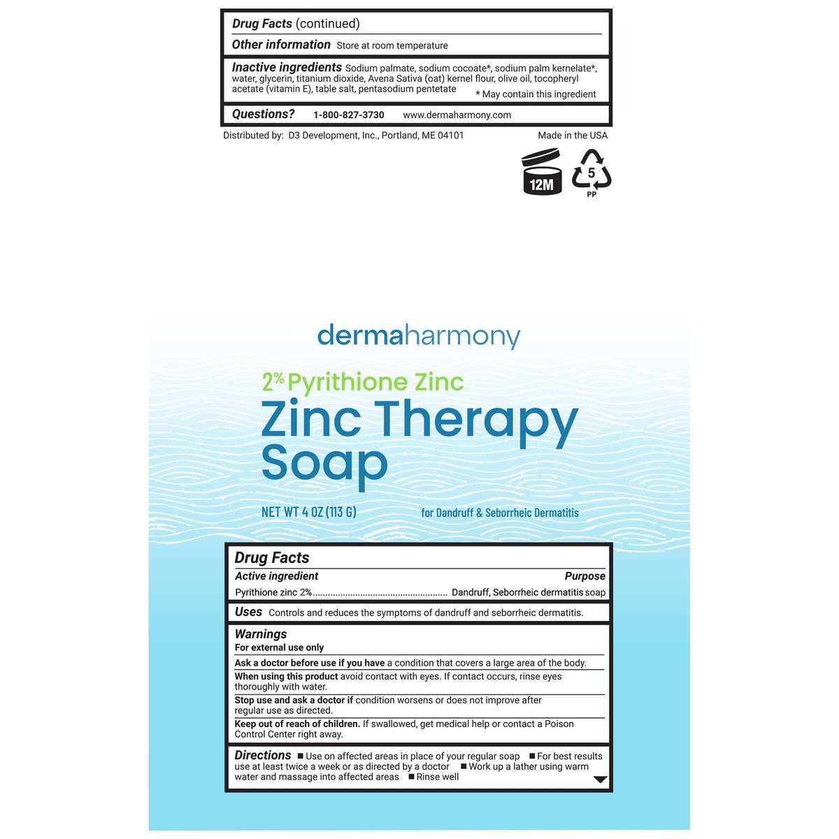 Dermaharmony 2% Pyrithione Zinc Bar Soap (Set of 2) – 4 oz Each – For Seborrheic Dermatitis, Dandruff & Skin Conditions Avelisse