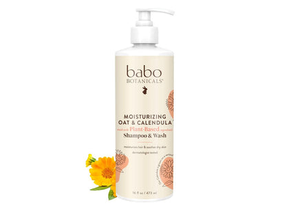 Babo Botanicals Moisturizing Oat & Calendula 2-in-1 Shampoo & Wash for Dry or Sensitive Skin, Lightly Scented, Vegan, 16 Fl Oz