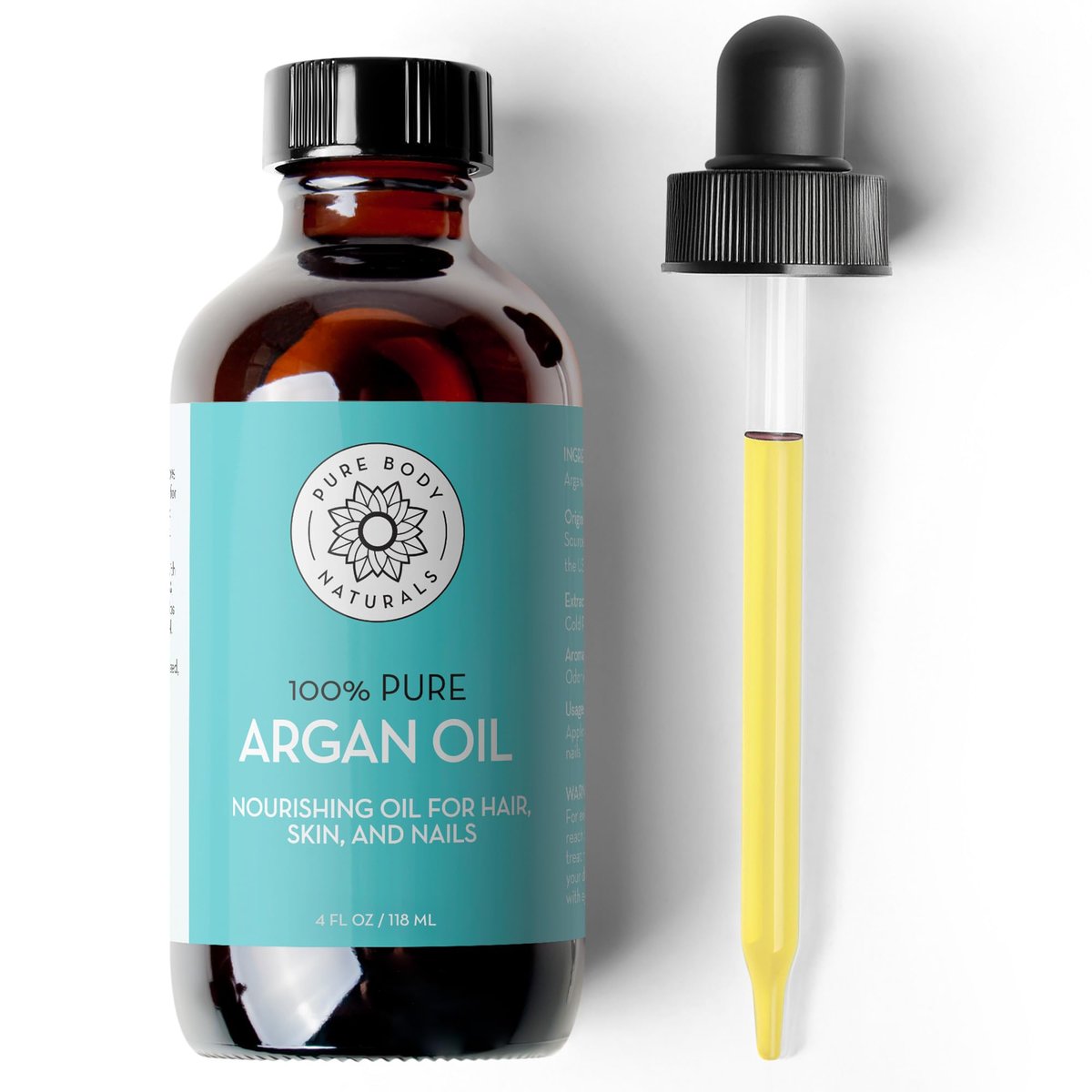Pure Body Naturals 100% Pure Argan Oil for Skin, Face, and Hair - 4 fl oz Cold Pressed, Non-Greasy, Nourishing Moisturizer - görsel 2