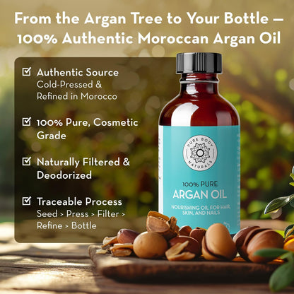 Pure Body Naturals 100% Pure Argan Oil for Skin, Face, and Hair - 4 fl oz Cold Pressed, Non-Greasy, Nourishing Moisturizer