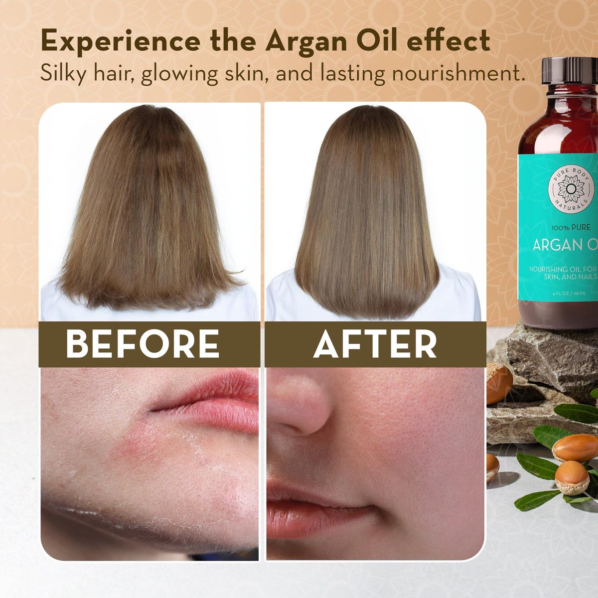 Pure Body Naturals 100% Pure Argan Oil for Skin, Face, and Hair - 4 fl oz Cold Pressed, Non-Greasy, Nourishing Moisturizer - görsel 14