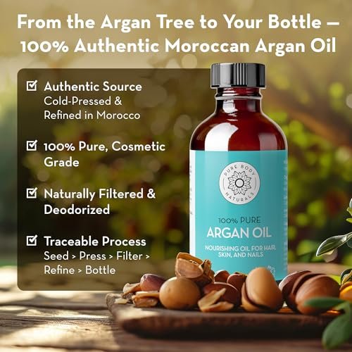 Pure Body Naturals 100% Pure Argan Oil for Skin, Face, and Hair - 4 fl oz Cold Pressed, Non-Greasy, Nourishing Moisturizer - görsel 3