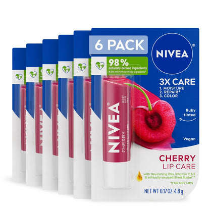 NIVEA Cherry Lip Care Tinted Lip Balm with Shea Butter, Nourishing Oils and Vitamin C & E – 3-in-1 Moisture, Repair and Color, 0.17 oz Stick (Pack of 6)