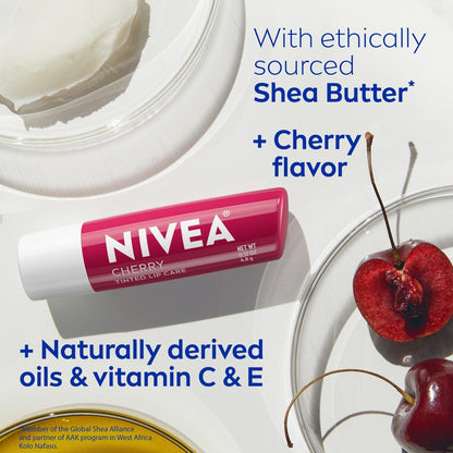 NIVEA Cherry Lip Care Tinted Lip Balm with Shea Butter, Nourishing Oils and Vitamin C & E – 3-in-1 Moisture, Repair and Color, 0.17 oz Stick (Pack of 6)