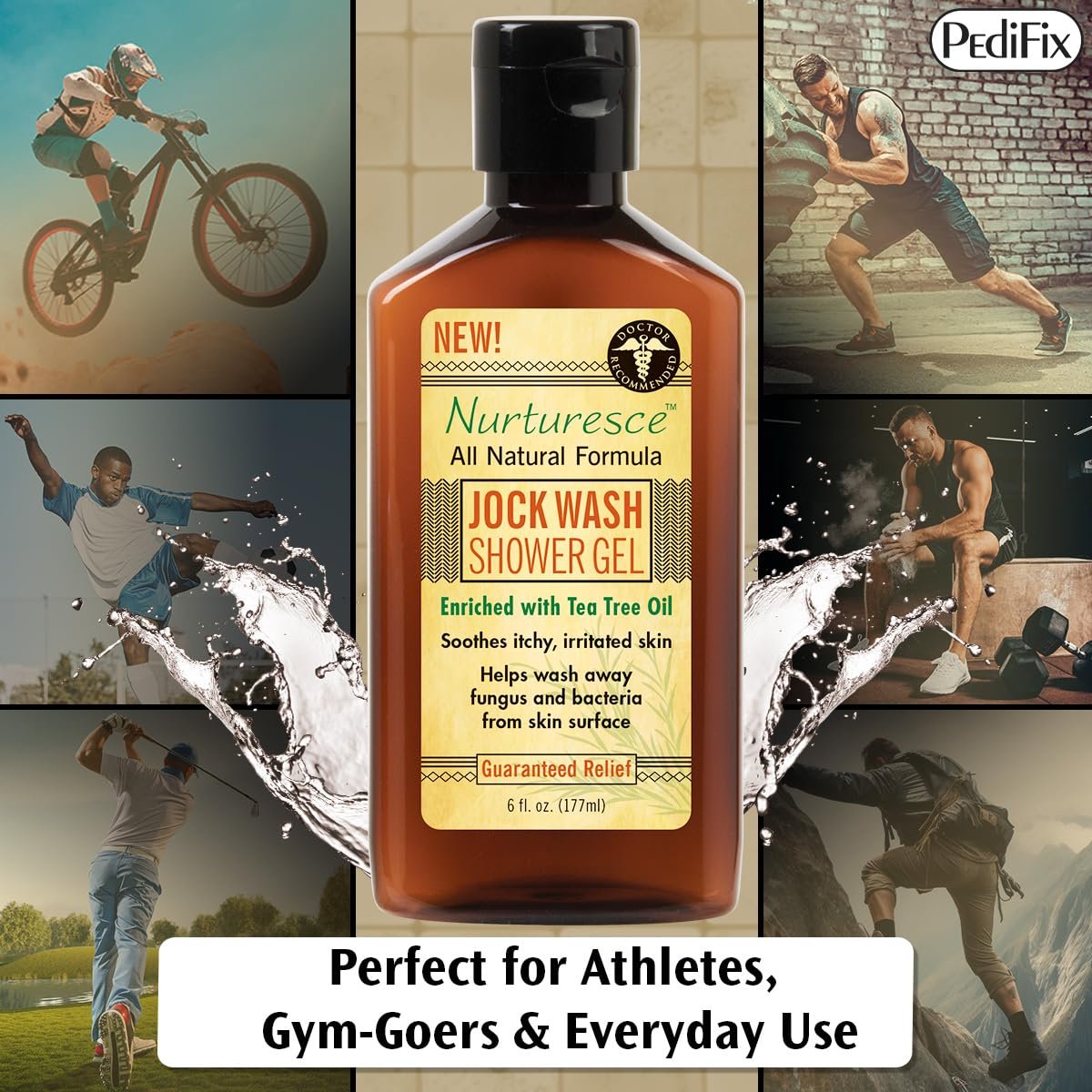 PediFix Nurturesce Jock Wash Shower Gel - Tea Tree Oil Enriched Anti-Fungal Body Wash, 6 Fl Oz Avelisse