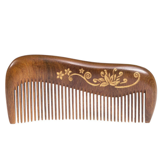 Breezelike Sandalwood Hair Comb – Handmade Wooden Fine Tooth Detangling Comb with Golden Painted Flower, No Static, Green Avelisse