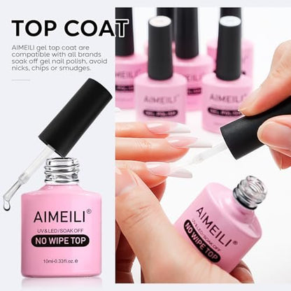 AIMEILI Gel Nail Polish No Wipe Top and Base Coat Set – 2 x 10ml, Shine Finish, Long Lasting, Soak Off