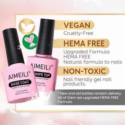 AIMEILI Gel Nail Polish No Wipe Top and Base Coat Set – 2 x 10ml, Shine Finish, Long Lasting, Soak Off