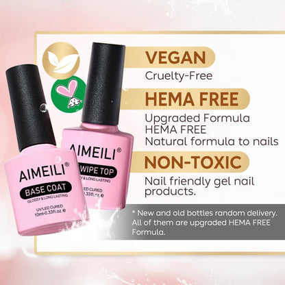 AIMEILI Gel Nail Polish No Wipe Top and Base Coat Set – 2 x 10ml, Shine Finish, Long Lasting, Soak Off