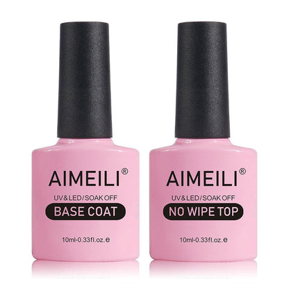 AIMEILI Gel Nail Polish No Wipe Top and Base Coat Set – 2 x 10ml, Shine Finish, Long Lasting, Soak Off