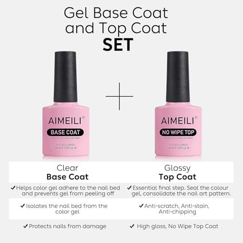 AIMEILI Gel Nail Polish No Wipe Top and Base Coat Set – 2 x 10ml, Shine Finish, Long Lasting, Soak Off - görsel 6
