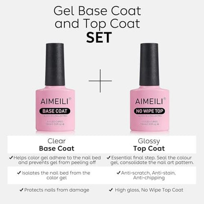 AIMEILI Gel Nail Polish No Wipe Top and Base Coat Set – 2 x 10ml, Shine Finish, Long Lasting, Soak Off