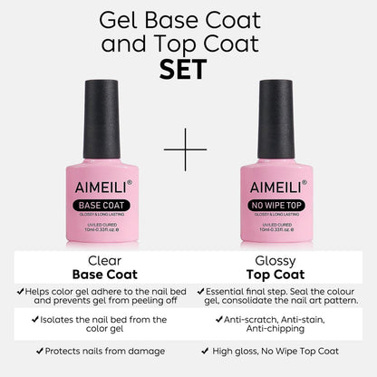 AIMEILI Gel Nail Polish No Wipe Top and Base Coat Set – 2 x 10ml, Shine Finish, Long Lasting, Soak Off