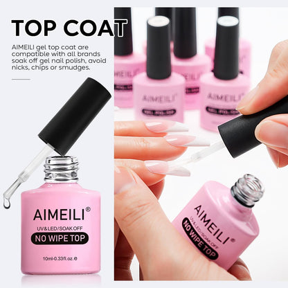 AIMEILI Gel Nail Polish No Wipe Top and Base Coat Set – 2 x 10ml, Shine Finish, Long Lasting, Soak Off