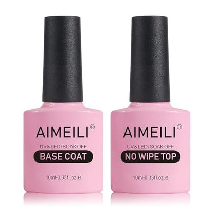 AIMEILI Gel Nail Polish No Wipe Top and Base Coat Set – 2 x 10ml, Shine Finish, Long Lasting, Soak Off