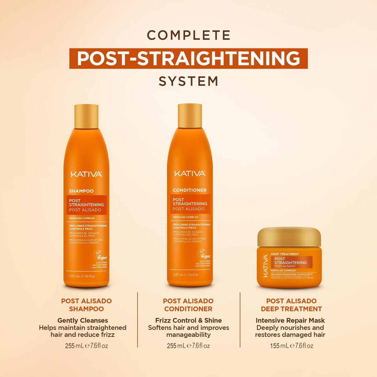 KATIVA Brazilian Post Straightening Treatment Kit – Shampoo, Conditioner & Mask with Keraliss Complex & Vegetal Keratin – Helps Prolong Straightening Up to 18 Weeks – 8.45 Fl Oz Each Avelisse