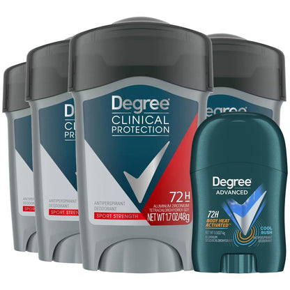 Degree Men Clinical Protection Antiperspirant Deodorant, Sport Strength 72H, Soft Solid, 1.7 oz (Pack of 4) + Travel Size Cool Rush Avelisse