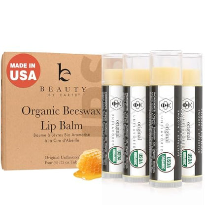 USDA Organic Lip Balm - 4 Pack Unflavored Chapstick for Dry Lips, Natural Lip Moisturizer, Beauty Gifts for Her & Him