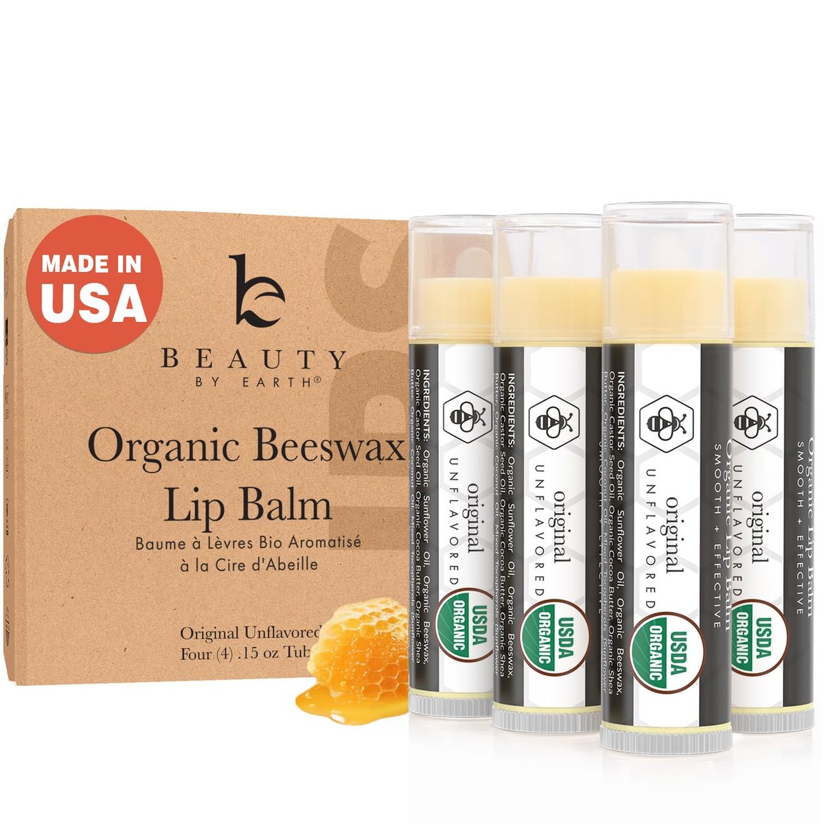 USDA Organic Lip Balm - 4 Pack Unflavored Chapstick for Dry Lips, Natural Lip Moisturizer, Beauty Gifts for Her & Him - görsel 1