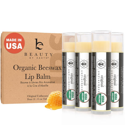 USDA Organic Lip Balm - 4 Pack Unflavored Chapstick for Dry Lips, Natural Lip Moisturizer, Beauty Gifts for Her & Him