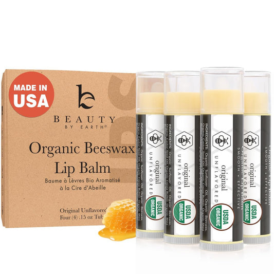 USDA Organic Lip Balm - 4 Pack Unflavored Chapstick for Dry Lips, Natural Lip Moisturizer, Beauty Gifts for Her & Him