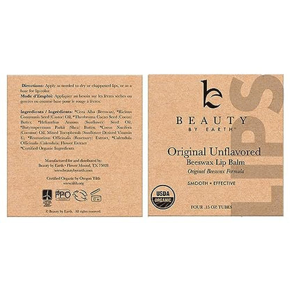 USDA Organic Lip Balm - 4 Pack Unflavored Chapstick for Dry Lips, Natural Lip Moisturizer, Beauty Gifts for Her & Him