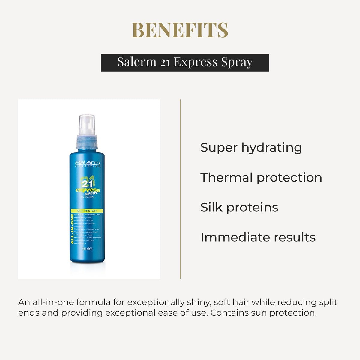 SALERM Leave-In Mask 21 Express Spray - 190 ml - Silk Protein for Damaged Hair Repair, Hydration, Heat Protection & Frizz Control Avelisse