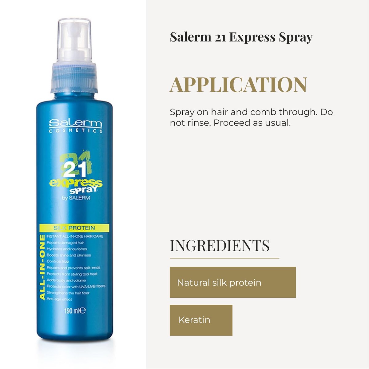 SALERM Leave-In Mask 21 Express Spray - 190 ml - Silk Protein for Damaged Hair Repair, Hydration, Heat Protection & Frizz Control Avelisse