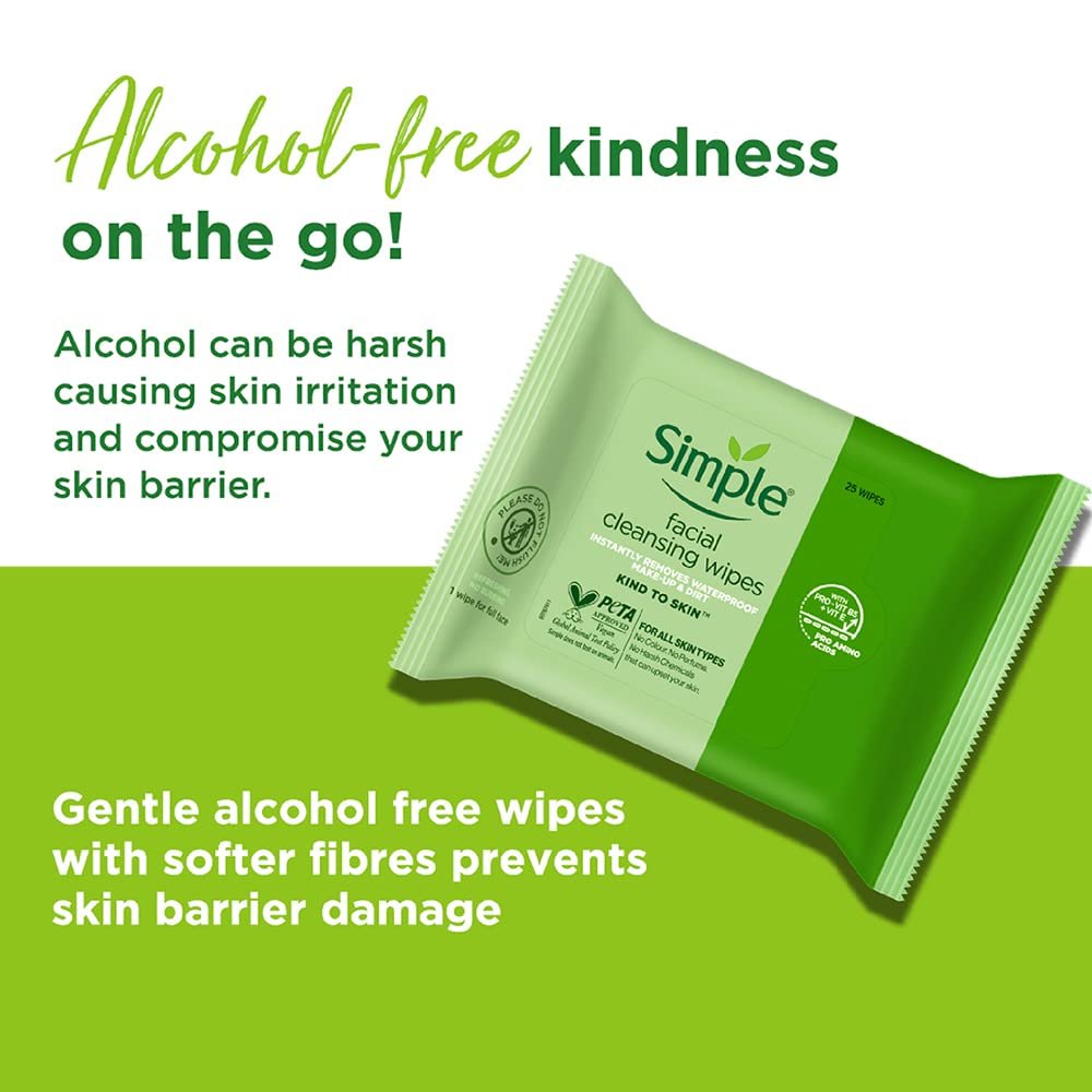 Simple Kind to Skin Cleansing Facial Wipes, 25 Count (Pack of 6) - Gentle Daily Face Wipes for Sensitive Skin Avelisse