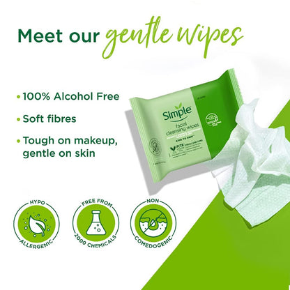 Simple Kind to Skin Cleansing Facial Wipes, 25 Count (Pack of 6) - Gentle Daily Face Wipes for Sensitive Skin Avelisse