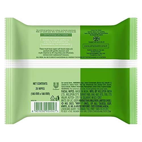 Simple Kind to Skin Cleansing Facial Wipes, 25 Count (Pack of 6) - Gentle Daily Face Wipes for Sensitive Skin Avelisse