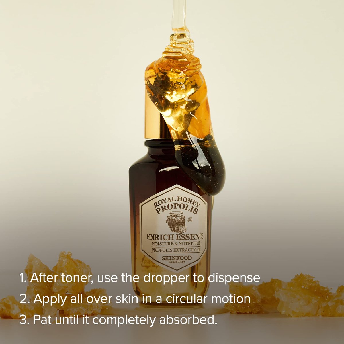 SKINFOOD Royal Honey Propolis Enrich Essence - 63% Black Bee Propolis & 10% Royal Jelly Extract Face Serum for Radiant, Glowing Skin, 1.69 Fl Oz Avelisse