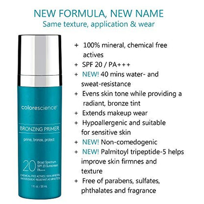 Colorescience Bronzing Primer SPF 20 - Mineral Sunscreen & Makeup Primer, Broad Spectrum UVA/UVB Protection, 1 Fl Oz Avelisse
