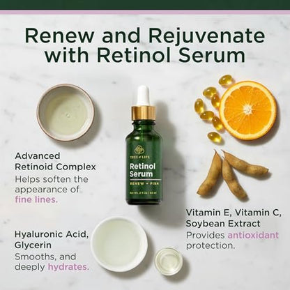Tree of Life Retinol Serum 2 Fl Oz – Anti-Aging Face Oil for Dark Spots, Fine Lines & Wrinkles with Hyaluronic Acid for Dry & Sensitive Skin