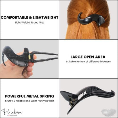 Parcelona French Crochet 3 ¼” Black Celluloid Non Slip Side Slide In Jaw Yoga Hair Claws for Fine Hair Women Hair Accessories Claw Clip for Girls, Made in France