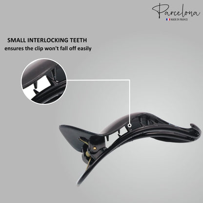 Parcelona French Crochet 3 ¼” Black Celluloid Non Slip Side Slide In Jaw Yoga Hair Claws for Fine Hair Women Hair Accessories Claw Clip for Girls, Made in France