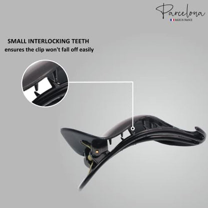 Parcelona French Crochet 3 ¼” Black Celluloid Non Slip Side Slide In Jaw Yoga Hair Claws for Fine Hair Women Hair Accessories Claw Clip for Girls, Made in France