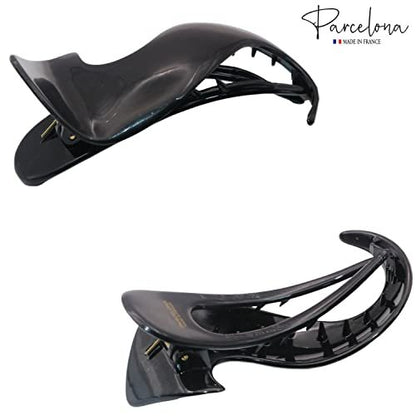 Parcelona French Crochet 3 ¼” Black Celluloid Non Slip Side Slide In Jaw Yoga Hair Claws for Fine Hair Women Hair Accessories Claw Clip for Girls, Made in France